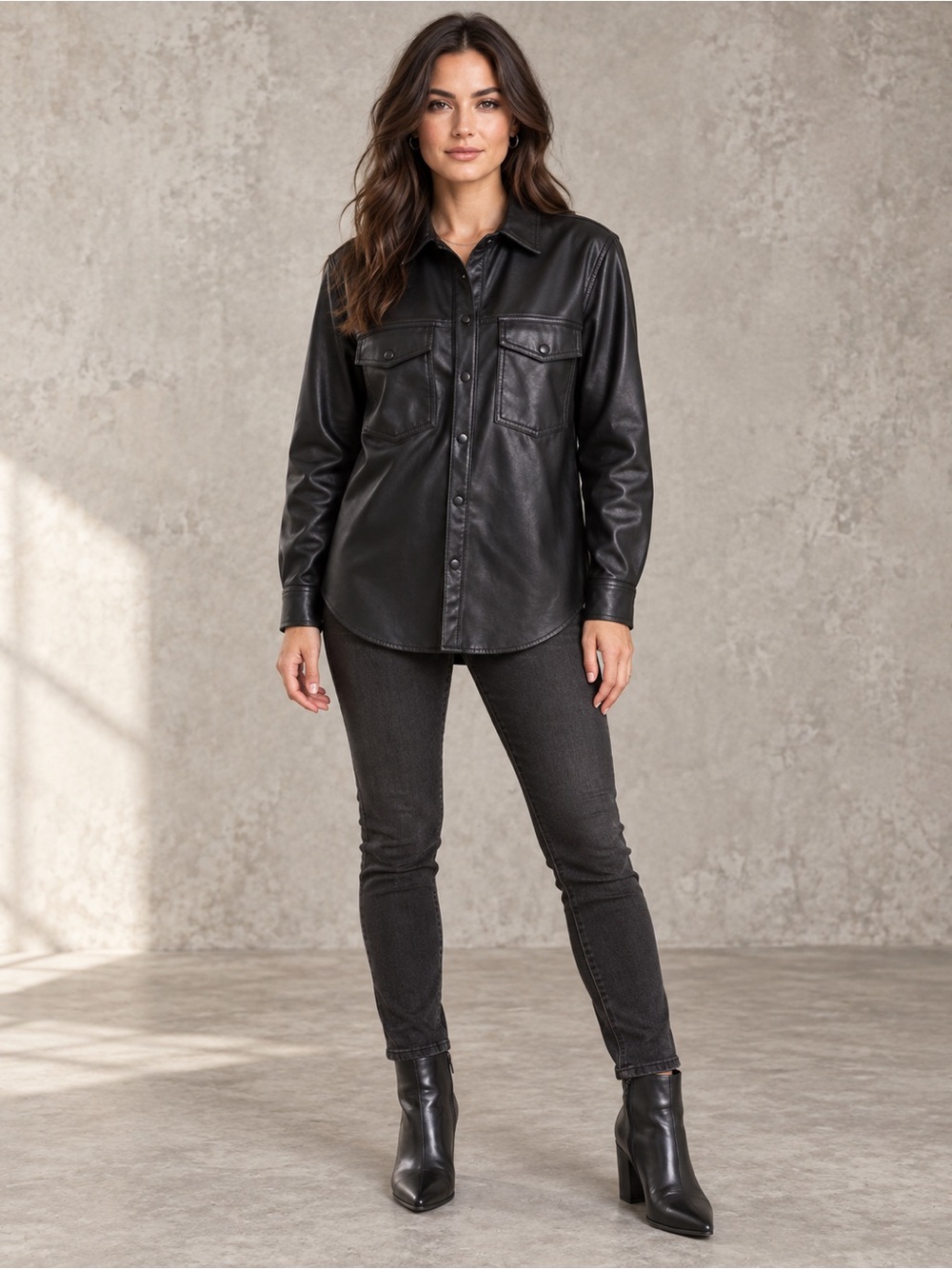 Zenana Black Faux Leather Snap Front Shirt Jacket Shacket Size Medium NWOT